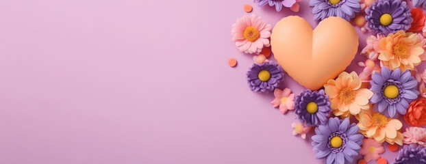 Mother's Day, Mom's Day or Women's Day or Valentines day flowers composition with hearts and copy space on pastel background. 3d style. Generative Ai.