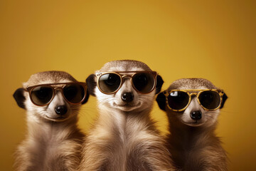 a trio of meerkats wearing stylish sunglasses and striking a pose, animal banner with empty space for text (created with Generative AI) - obrazy, fototapety, plakaty