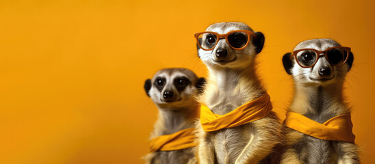 a trio of meerkats wearing stylish sunglasses and striking a pose, animal banner with empty space for text (created with Generative AI)
