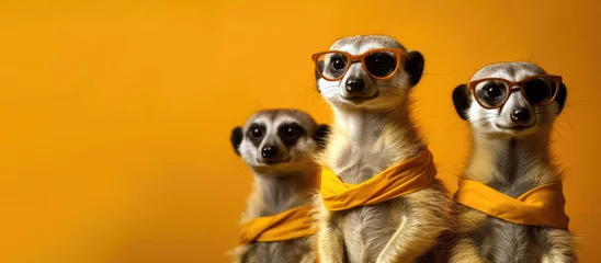Deurstickers a trio of meerkats wearing stylish sunglasses and striking a pose, animal banner with empty space for text (created with Generative AI) © AstralAngel