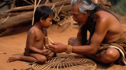 Native tribe elder teaching a younger member traditional skills, such as pottery or basket - weaving, with copyspace. Generative ai. - obrazy, fototapety, plakaty