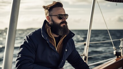 Obraz premium Sailor on a boat, with the ocean in the background, with a copyspace. Generative ai.