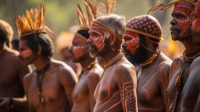 Native tribe painting their bodies for a ceremony or celebration with copyspace. Generative ai.