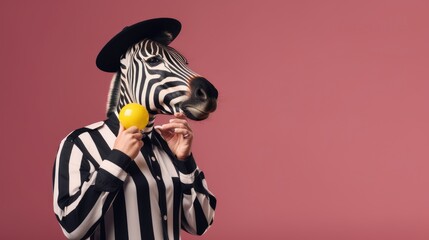 Zebra in a referee's uniform, holding a whistle, with a copyspace. Generative ai.