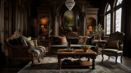 Fototapeta na wymiar A captivating Living Room featuring an elegant mix of Gothic Revival wood carvings and plush velvet textures, generative ai