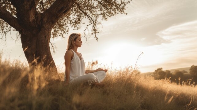 Yoga instructor in a serene nature setting, doing a peaceful yoga pose, with a copyspace. Generative ai.
