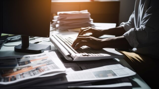 Journalist in a newsroom, typing on a keyboard and surrounded by newspapers. Generative ai.
