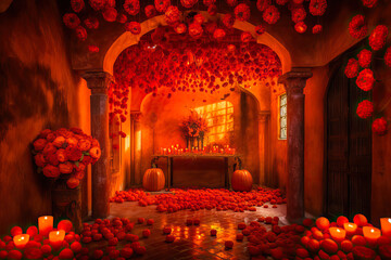 Orange room, marigolds, pumpkins, candles. Day of the Dead cemetery at night, Mexico. Generative AI