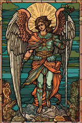 Fototapeta na wymiar St. Michael the Archangel Illustration. Archangle Saint Michael. Generative Ai. Protection and Defense Symbol. Old tarot style.
