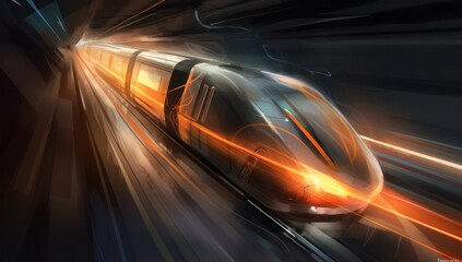 Plakat A high-speed train, in the style of futuristic cyberpunk, dark silver and light orange colors. Generative AI.