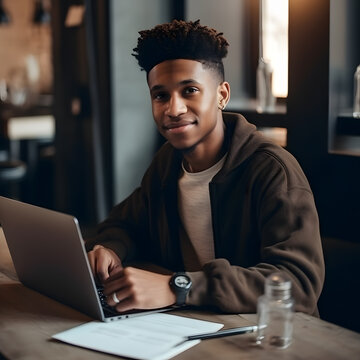 Successful black young man student freelancer using laptop, watching webinars, working remotely, e-learning e-commerce online isolated in white background. Generative Ai.