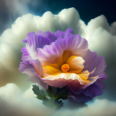 Flower blooming in the clouds. Fantasy illustration. Generative ai.