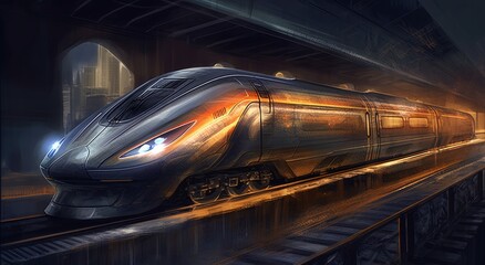 Obraz na płótnie Canvas A high-speed train twilight, in the style of futuristic cyberpunk, dark silver and light orange colors. Generative AI.