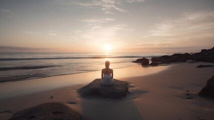  a woman sitting on a rock on the beach at sunset with the sun setting in the distance over the water and the ocean in the foreground. generative ai