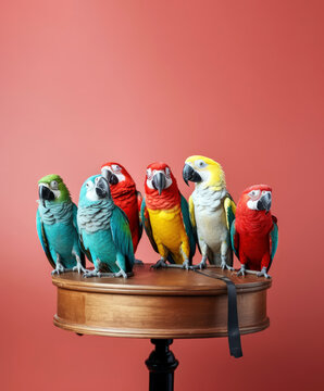 group of colorful parrots perched on a vintage wood, animal banner with empty space for text (created with Generative AI)