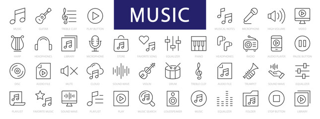 Music thin line icons set. Simple Music editable stroke icons. Music, Audio, Sound icons. Vector illustration
