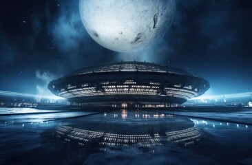 Fototapeta na wymiar An arena under one moon with the lights flickering. Generative AI.