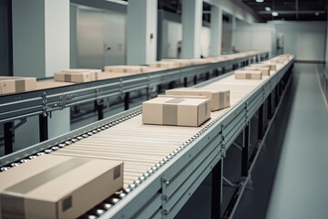 Cardboard boxes on conveyor belt in warehouse. Automatic production line. Logistic and shipment. Created with Generative AI