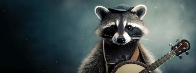raccoon wearing a bowler hat and playing a banjo, animal banner with empty space for text (created with Generative AI) - obrazy, fototapety, plakaty