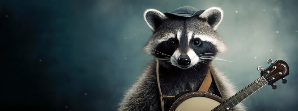 raccoon wearing a bowler hat and playing a banjo, animal banner with empty space for text (created with Generative AI)
