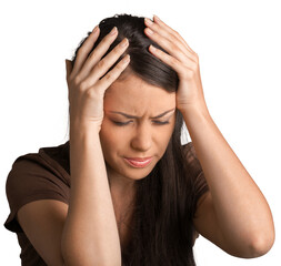 Young woman with headache isolated on white background