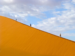 Sharp border of light and shadow over the crest of the dune. The Namib-Naukluft at sunrise. Namibia, South Africa.