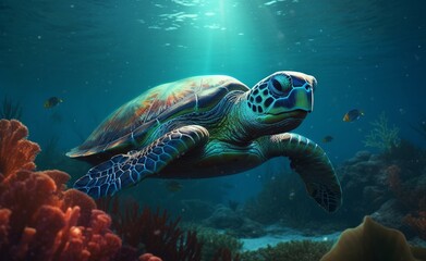 Fototapeta na wymiar The turtle swims under the water. Generative AI.