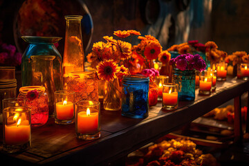 Candles and flowers. Day of the Dead cemetery at night, Mexico. Generative AI