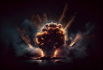 Explosive pyrotechnics illuminate the night sky against a dark backdrop. Generative AI