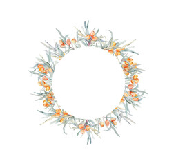 Watercolor wreath of branches and orange sea buckthorn berries. Decorative element for greeting card. Illustration