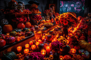 Flowers, candles, skulls. Day of the Dead cemetery at night, Mexico. Generative AI