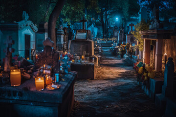 Fototapeta na wymiar Day of the Dead cemetery at night, Mexico. Generative AI