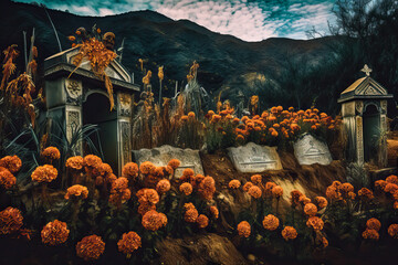 Day of the Dead cemetery with orange marigold flowers, Mexico. Generative AI