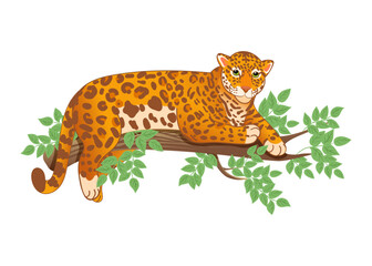 Vector illustration of a leopard or jaguar lying on a tree in a cartoon style