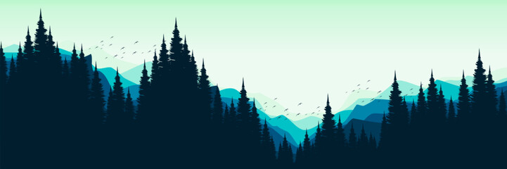 nature forest silhouette in outdoor mountain hill landscape vector illustration good for  wallpaper, background, backdrop, banner, and design template - obrazy, fototapety, plakaty
