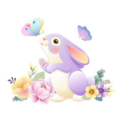 Illustration of a cute bunny with butterflies and flowers