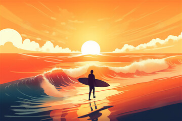 Fototapeta premium Surf adventure: illustration of young surfer silhouette with long board on the beach, ready to hit the waves and experience the thrill of extreme sports.generative ai