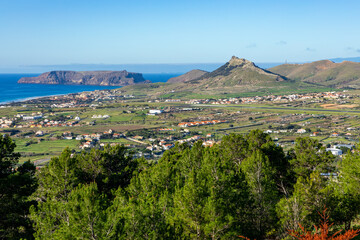 Porto Santo Landscape view from Viewpoint of Pico Castelo. Popular tourist destination in Portugal Island in the Atlantic Ocean. Vila Baleira in Porto Santo, Madeira, Portugal.