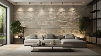 Fototapeta na wymiar A stunningly simple Zen Minimalist Living Room with a magnificent Natural Stone feature wall and understated Organic Fabric cushions, generative ai