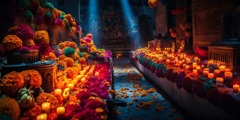 Flowers and candles, moonlight beams, wide. Day of the Dead cemetery at night, Mexico. Generative AI