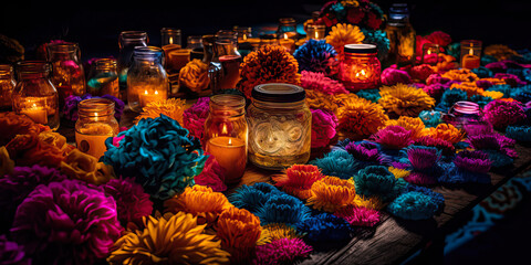 Flowers and candles, wide. Day of the Dead cemetery at night, Mexico. Generative AI