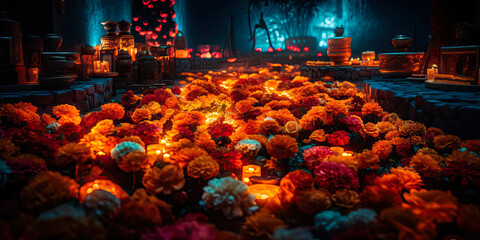 Marigold flowers and candles, wide. Day of the Dead cemetery at night, Mexico. Generative AI - obrazy, fototapety, plakaty