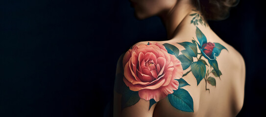 Back tattoo of a woman. Beautiful colorful tattooed woman close-up, with copy space.  realism or photorealism style. digital art	
