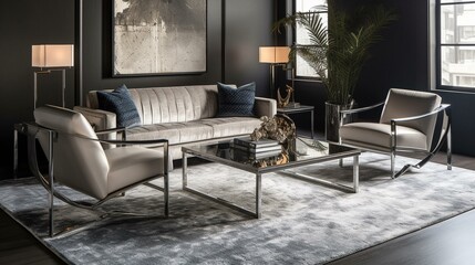 Fototapeta na wymiar A modern Living Room with a bold wool area rug and silk accent pillows, contrasted against sleek metal furniture pieces, generative ai