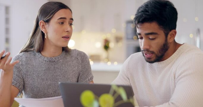 Financial crisis problem, laptop or couple stress for house mortgage loan, insurance balance or overdue payment. Depression, mental health and woman or man with paperwork, invoice or bank credit debt