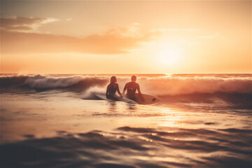 Sunset surf buddies: A wide-angle shot of a couple surfing at sunset, with golden light illuminating the water. The focus is on the couple's bond and shared love of extreme sports.generative ai