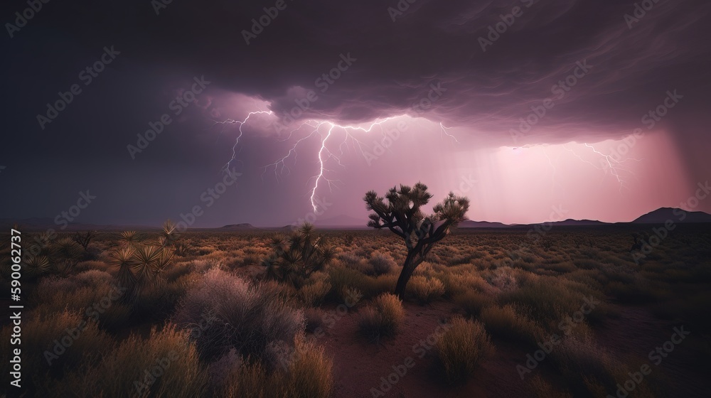 Wall mural a lightning storm over a desert landscape with a joshua tree in the foreground and a cactus in the f