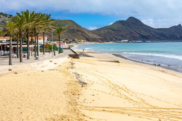 Porto Santo Beach. Popular tourist destination in Portugal Island in the Atlantic Ocean. Vila Baleira in Porto Santo, Madeira, Portugal.