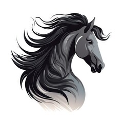 Fototapeta na wymiar a black horse with long manes on a white background with a shadow of the horse's head and the tail of the horse's head. generative ai