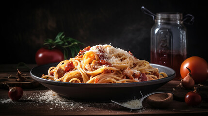 Spaghetti alla Amatriciana with guanciale, tomatoes and pecorino cheese. Italian healthy food. generative Ai
